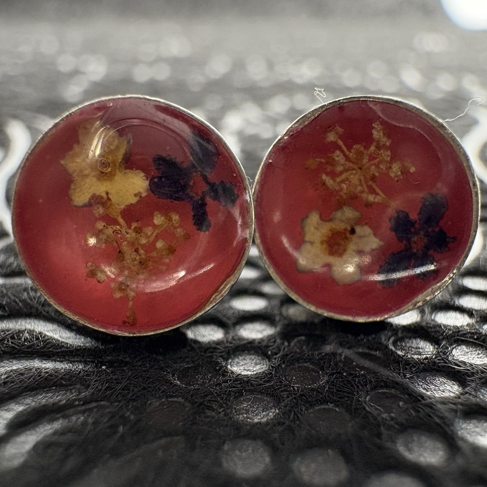 Sterling Silver .925 Orange Yellow Blue Tiny Flowers Butterfly Stud Earrings VTG